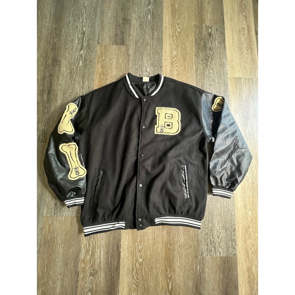 Varsity Jacket Mens XL Black Excellent Bone Patches Letterman Bomber